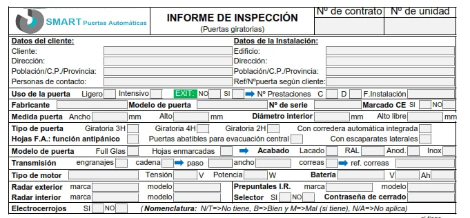 Ejemplo de un libro de mantenimiento de puertas automáticas