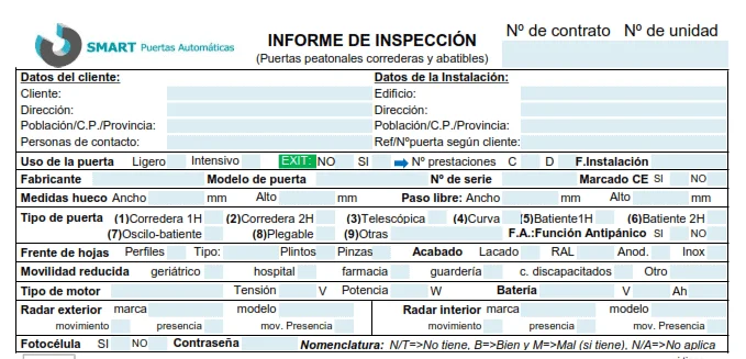 Hoja de mantenimiento de puertas automáticas